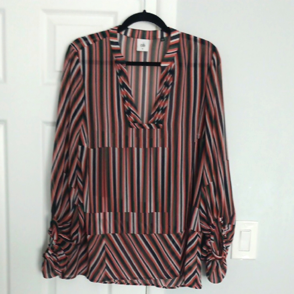 3 For $15 Cabi Semi Sheer V-Neck Blouse - Navy, Orange, Green & White Striped